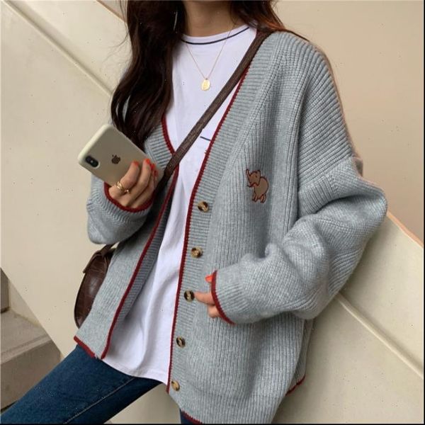 

korean style women cardigan womens sweaters autumn winter vintage elephant embroidery v neck knitted sweater coat knitwear gray black t337, White;black