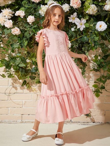 

girls ruffle armhole lace detail ruffle hem dress she, Red;yellow