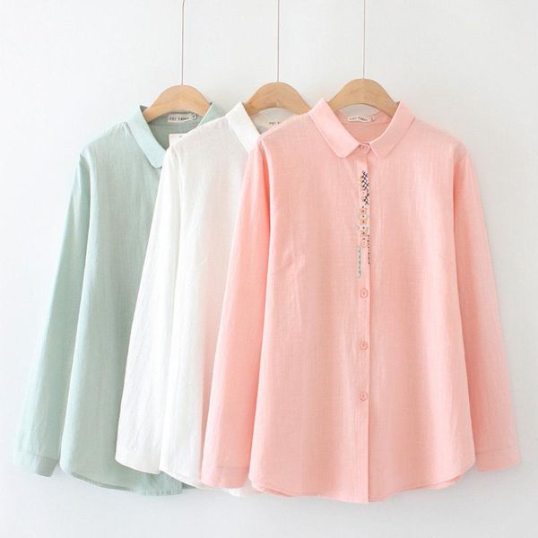 

women's blouses & shirts 2021 floral embroidery blouse shirt women long sleeve casual pocket button down embroidered plus size 4xl k18, White