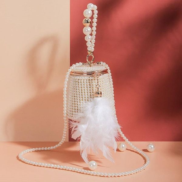 

waist bags faux pearl handheld mini bucket lady bag feather pendant banquet dinner