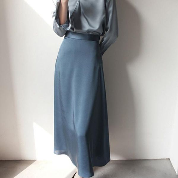 

skirts korean silk womens satin skirt women high waist long elegant woman a-line solid midi faldas mujer moda 2021, Black