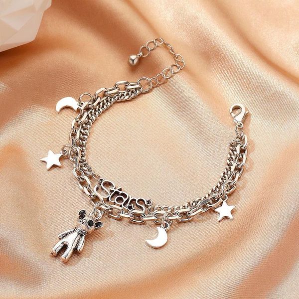 

link, chain cute stars letter moon bear pendants bracelets for women female double-layer silver color bangles bracelet jewelry, Black