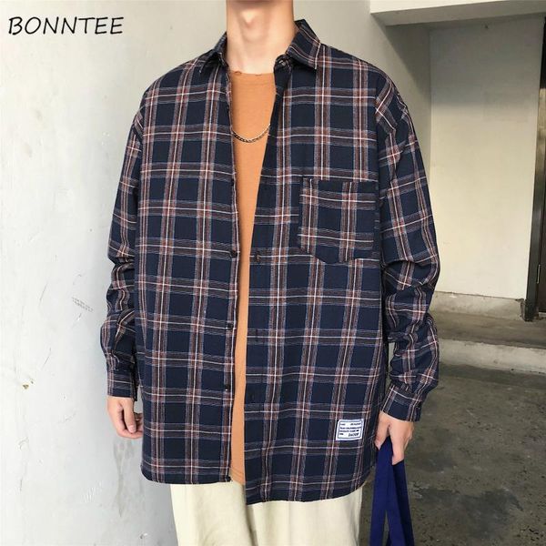 

men shirts plaid long sleeve chic simple korean style mens all-match streetwear casual bf trendy shirt retro loose students men's, White;black
