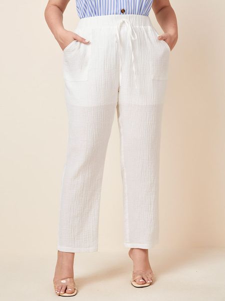 

pants trousers elegant white chiffon casual with elastic band and lace up pocket, Black;white