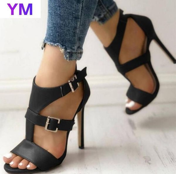 

gladiator fine women sandals summer high heels leather peep toes ankle buckle strap woman party shoes black sandalia mujer