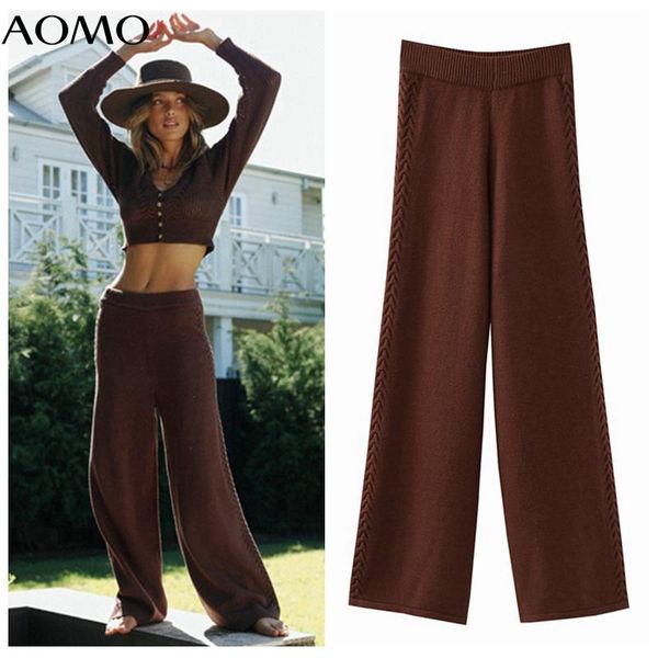 

women's pants & capris aomo 2021 fashion women twist sweater wide leg trousers strethy waist pockets female 1m44a, Black;white