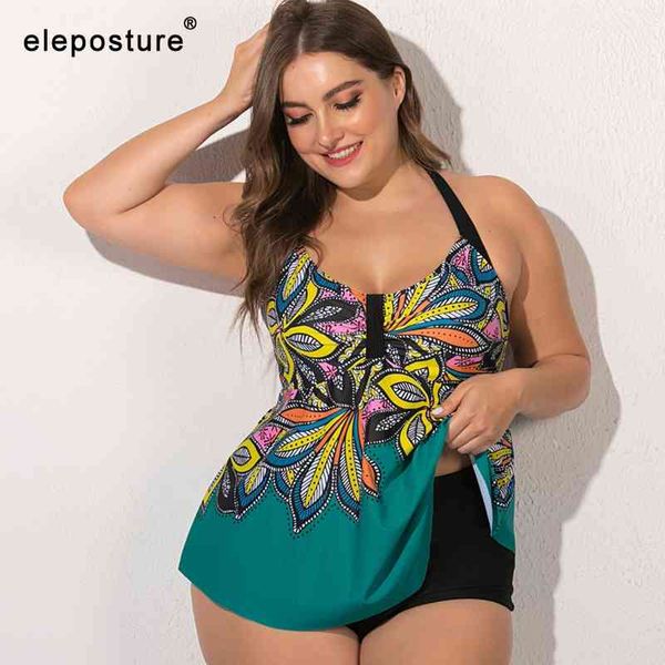 Plus Size Swimwear Mulheres Tankini Swimsuits Cintura De Cintura Madro Swimsuit Floral Pôsteres Ternos de Banho Grande Natação Suíno 5xL 210521