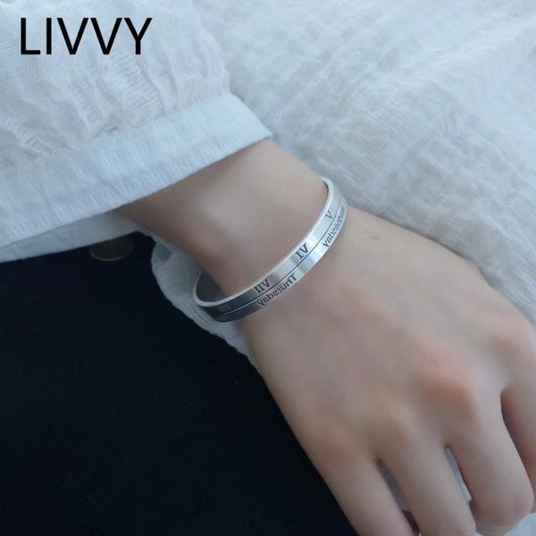 

bangle livvy creative lettering bangles & bracelet vintage thai silver color jewelry for women party accessories gifts adjustable, Black