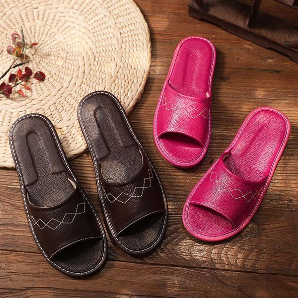 

slippers japan style women's summer genuine leather indoor couple's anti-slip mute home shoes household casual for men, Black