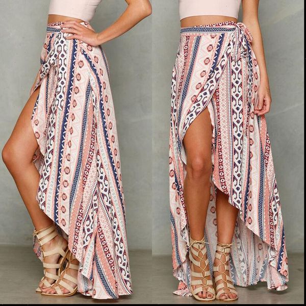 

boho asymmetric slit long women skirts summer high waist floral print beach ladies casual party clubwear, Black