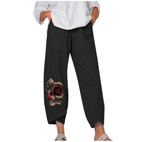 

women's pants & capris women casual harem summer elastic waist wide leg vintage floral printed trousers female loose pantalon #23, Black;white