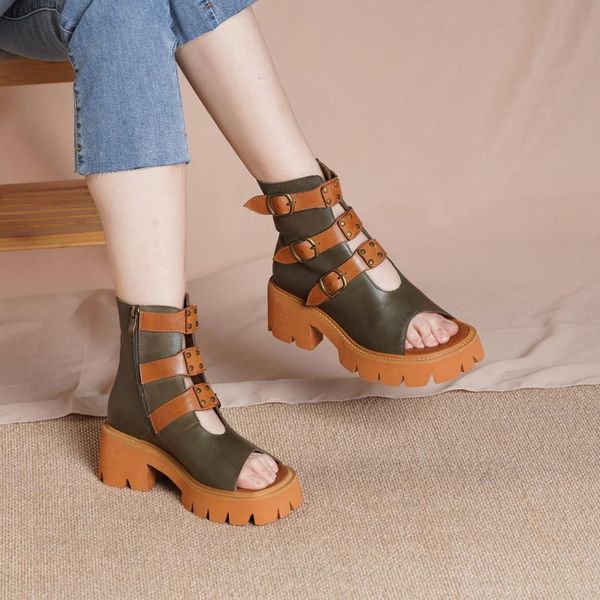 

designer summer shoes genuine leather platform sandals side zip retro open toe green boots, Black