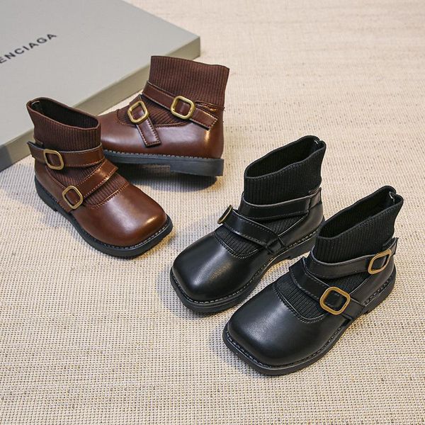 

boots winter girls' flat pu leather waterproof autumn snow kids shoes party korean style size 23-34 a136, Black;grey