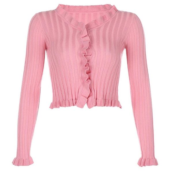

women autumn long sleeve sweater cardigan v-neck ribbed knitted pink crop button down ruffles shrug shirt coat women's knits & tee, White