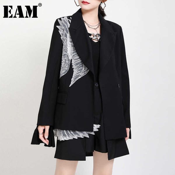 

[eam] women black mesh wings big size blazer lapel long sleeve loose fit jacket fashion spring autumn 1dc700 210930, White;black