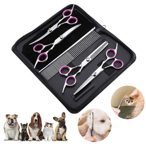 

dog grooming 5pc/set scissors set straight&thinning&curved professional manual pet shears kits with leather bag for