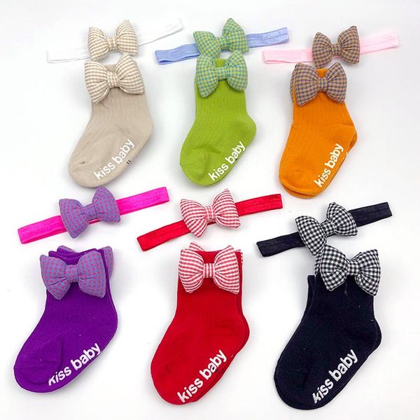 

socks solid color born baby girl lovely headband set dot bowknot crown headwrap + cute bow decor 2pcs, Pink;yellow