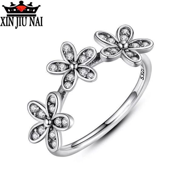 

cluster rings 925 sterling silver jewelry finger thai with crystal flowers three ring for party christmas gift, Golden;silver