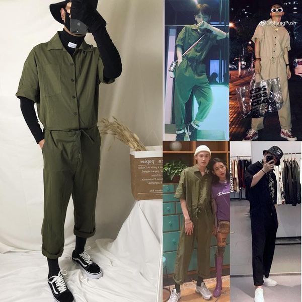 

men's pants fashion mens loose short sleeve jumpsuits womens huge bib couple casual pocket overalls single-breasted one-piece jeans, Black