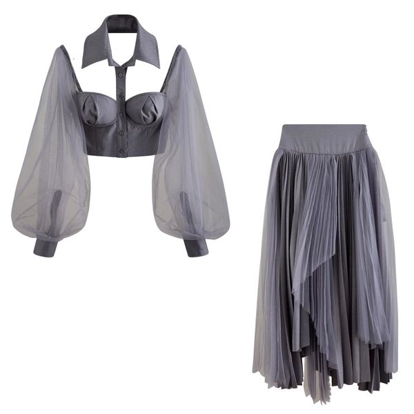 

two piece dress european and american short waistless halter lapel three-dimensional chest type mesh + irregular mid-length skirt suit ltxq, White