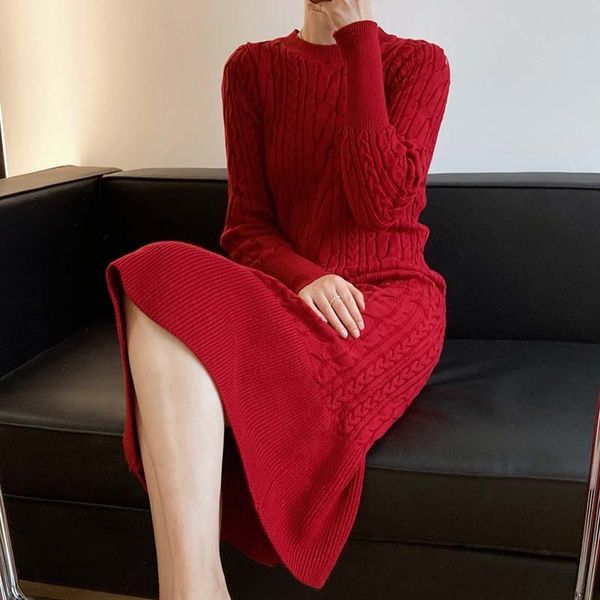 

casual dresses women kintted solid slim elegant mermaid sweater thick bodycon vestidos femme c66u, Black;gray