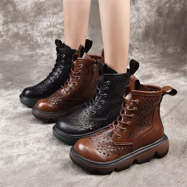 

women's side zipper cool shoes 2021 spring hollow out female boots british high round head retro perforated sandals, Black