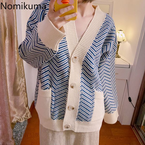 Nomikuma coreano engrossar striped camisola cardigan mulheres jaqueta outono inverno causal v-pescoço de manga longa casaco de malha 6d221 210427