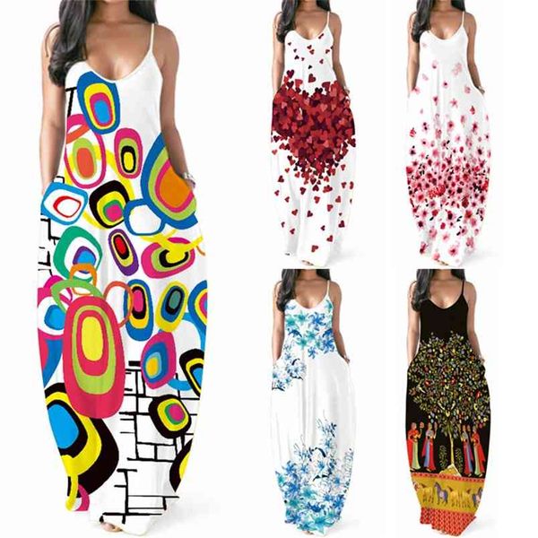 

summer women's long dress printed women deep v neck suspender backless loose maxi femme robe vestidos 210517, Black;gray