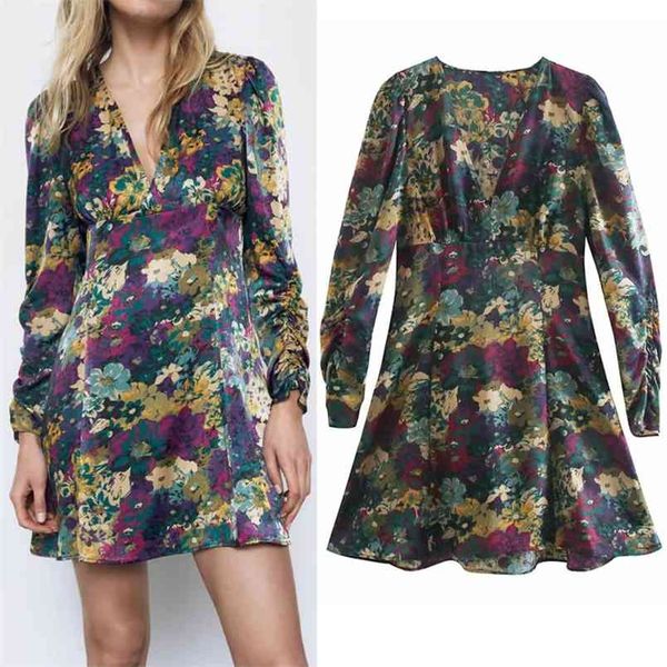

floral mini stain dress women vintage printed v neck long sleeve es woman retro goth elegant party 210519, Black;gray