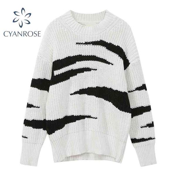 

zebra knitwear women's loose pullover knit sweater female streetwear long sleeve vintage korean ins knitted ulzzang tide 210430, White;black