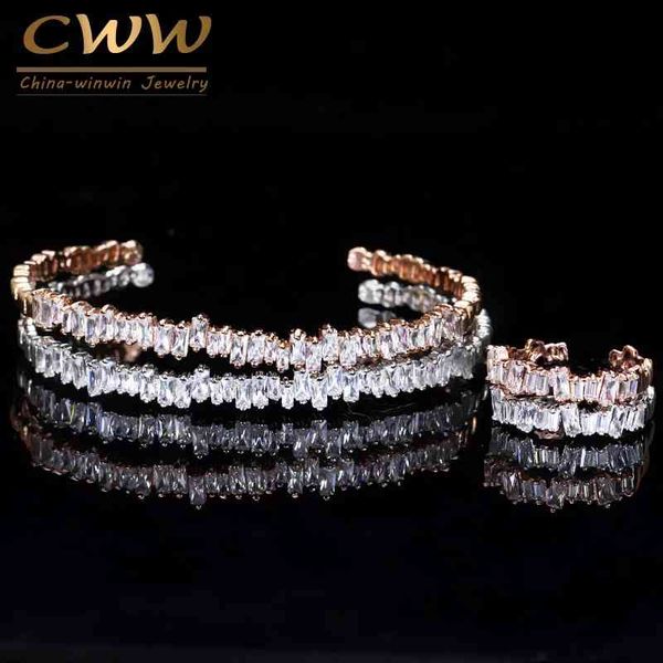 

cwwzircons fashion rose gold color baguette cubic zirconia cuff bracelet bangle and ring sets friend jewelry gift t170, Golden;silver