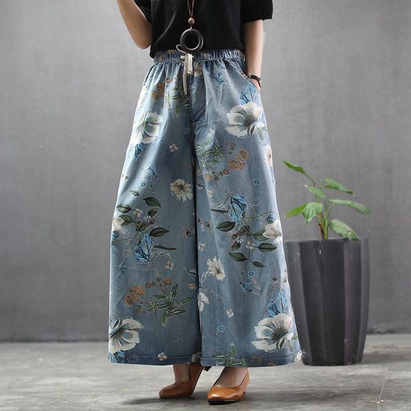 

women's jeans nini wonderland spring autumn thin ankle-length pants women printed wide leg high waist cotton 2021 female trousers, Blue