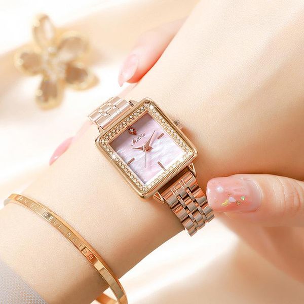 

wristwatches meibin square rose gold women watch japan movement stainless steel diamond golden relogio feminino 2021 arrival, Slivery;brown
