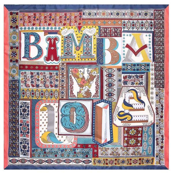 

scarves large silk square scarf floral letter print neckerchief bandana women hijab headwrap shawl wraps vintage handmaed 130, Blue;gray