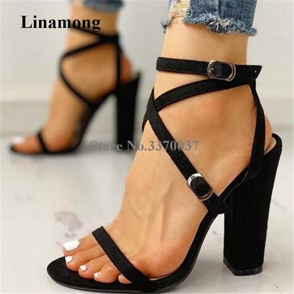 

summer fashion women open toe suede leather chunky heel gladiator sandals black strap cross thick high heels