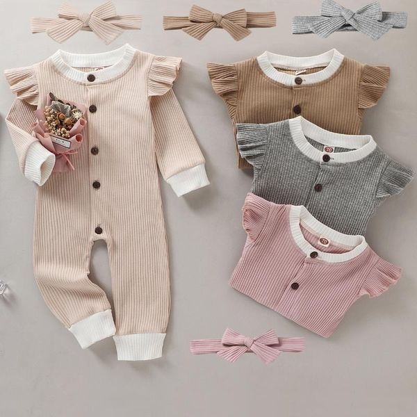 

born baby boys girls ruffles rompers cotton single breasted autumn long sleeve jumpsuits+headband infant 2pcs outfits sets jumpsuits, Blue