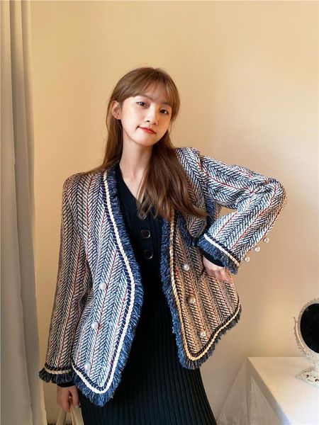 

autumn winter vintage tweed coat women jacket temperament short cardigan tassel suit female loose long-sleeved korean clothes 210514, Black