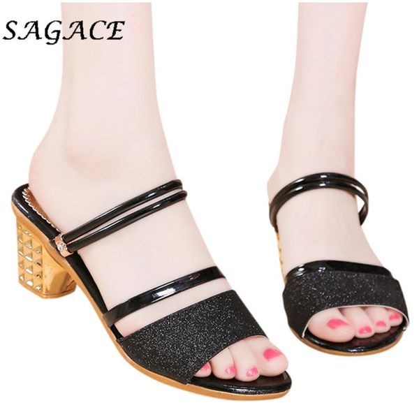

dress shoes sagace women leather ladies sequins sandals rubber beach thick heels slippers square heel open toe, Black
