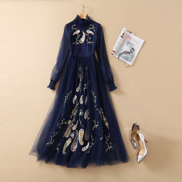 

dresses european and american women's clothing 2021 the spring long sleeve stand collar mesh embroidery fashion blue dress 5jm9, Black;gray