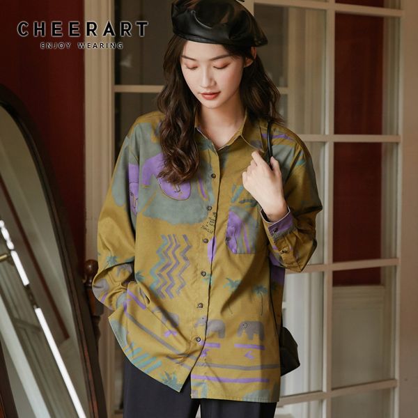 

vintage long sleeve aesthetic shirt women plant print blouse button up collar yellow autumn korean fashion 210427, White