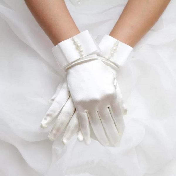 

bridal gloves gants blanc mariee women's wrist length with pearls for wedding dress finger fille mariage st279, White