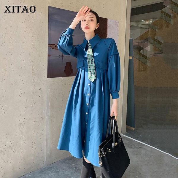 

casual dresses xitao draped patchwork dress women trendy fashion style turn down collar long sleeve single breasted pocket zxr1247, Black;gray