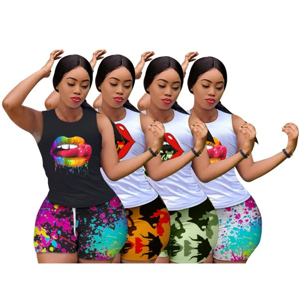 

two pieces tracksuits summer women outfit holiday lip print tank & ink splash drawstring shorts set clothing, Gray