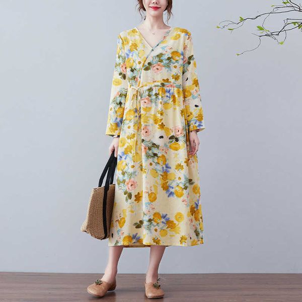 

literary v-neck cotton linen long sleeve women's autumn 2021 large loose thin lace up drs, Black;gray