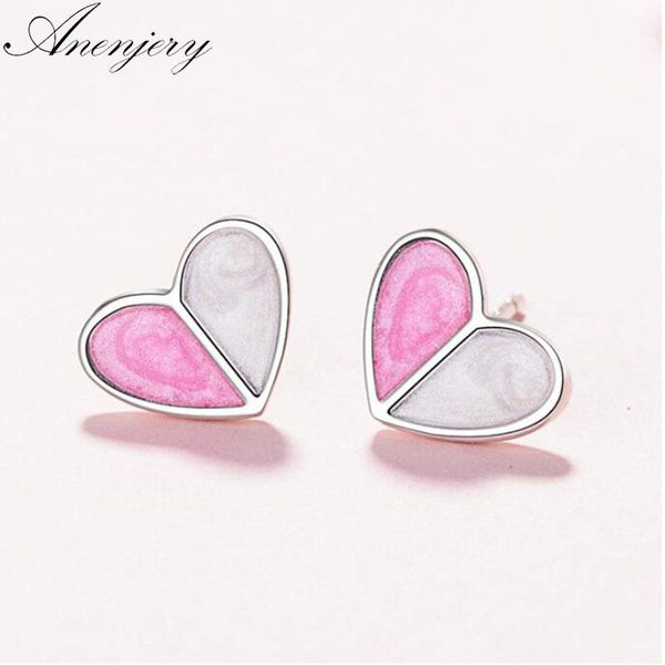 

stud anenjery 925 sterling silver earrings for women cream heart girl friend gift brincos s-e569, Golden;silver