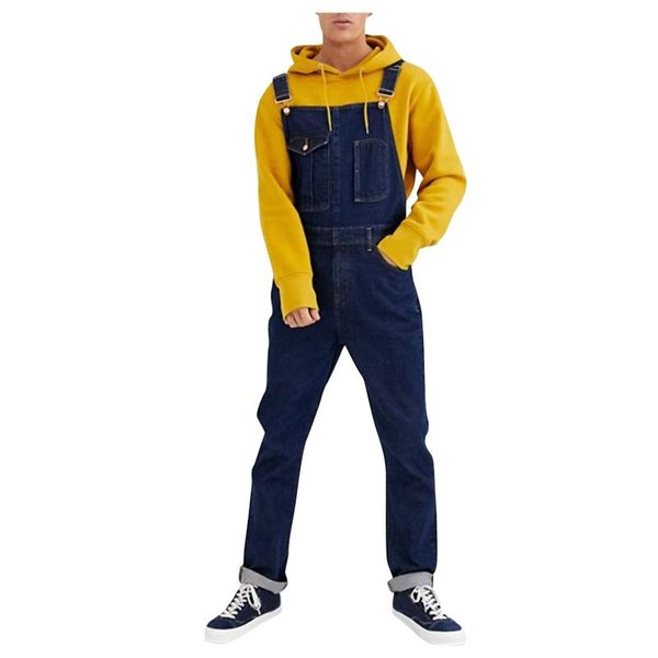 

men's pants casual jumpsuits solid tight denim overalls full length pencil pocket streetwear cargo work trousers, Black