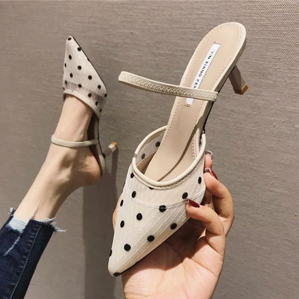 

slippers women's shoes summer 2021 lace dot pointed high heel, Black