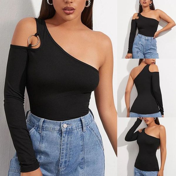 

women's t-shirt fashion strapless tight one shoulder irregular black, White