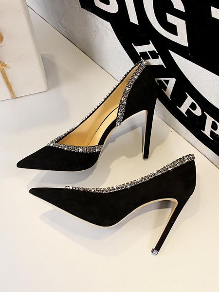 

dress shoes spring/summer 2021 french net red rhinestone high-heeled with thin heels and fashionable side pointed women's, Black