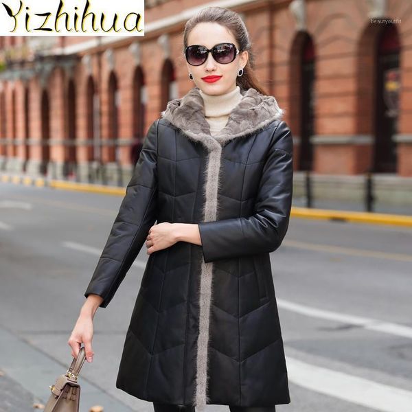 

women's leather coat, winter feather sheepskin mink neck in 2021, clothing pph2578 & faux, Black